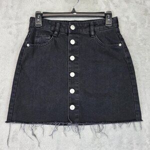 Zara Denim Skirt Womens Small Black Button Front Raw Hem Mini Pockets Casual